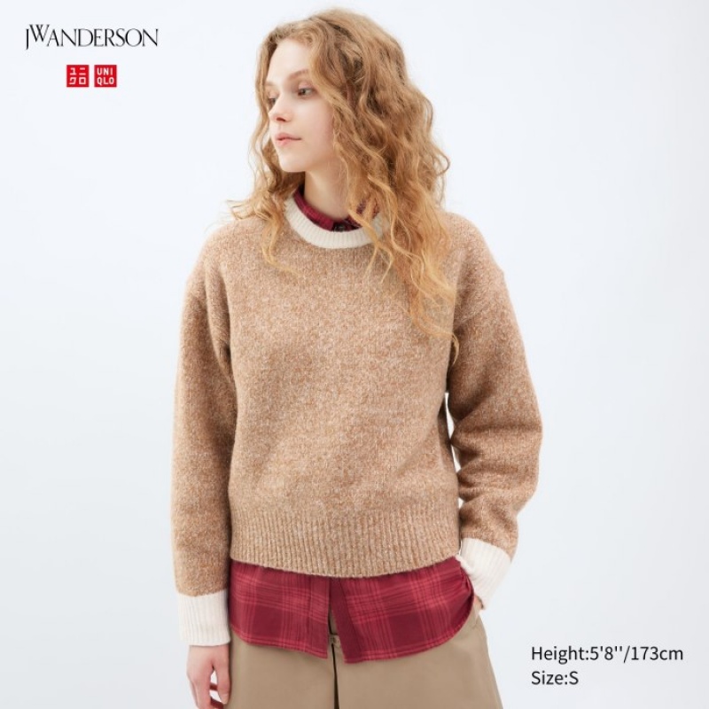 Beige Uniqlo Souffle Yarn Crew Neck Long-Sleeve Women Sweaters | 2029364