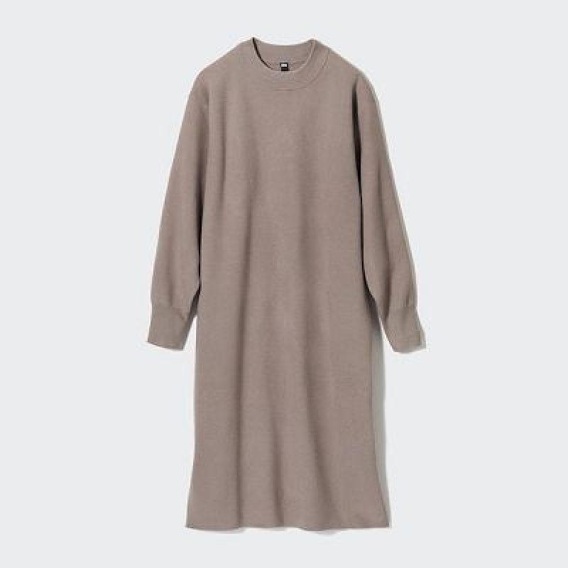 Beige Uniqlo Souffle Yarn Long-Sleeve Women Dress | 5442965