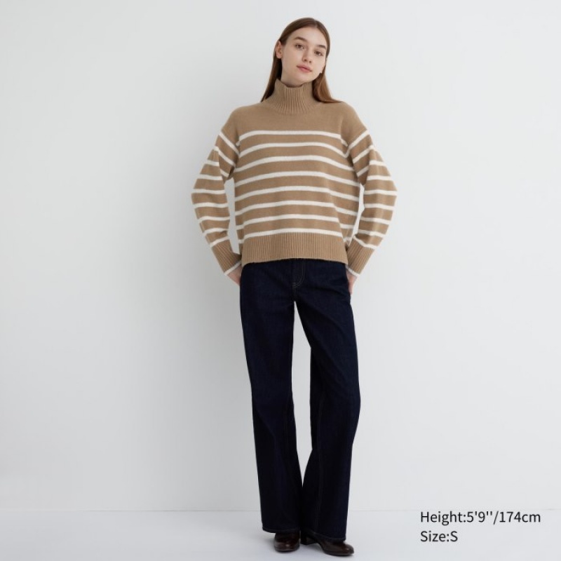 Beige Uniqlo Souffle Yarn Striped High Neck Long-Sleeve Women Sweaters | 9690405