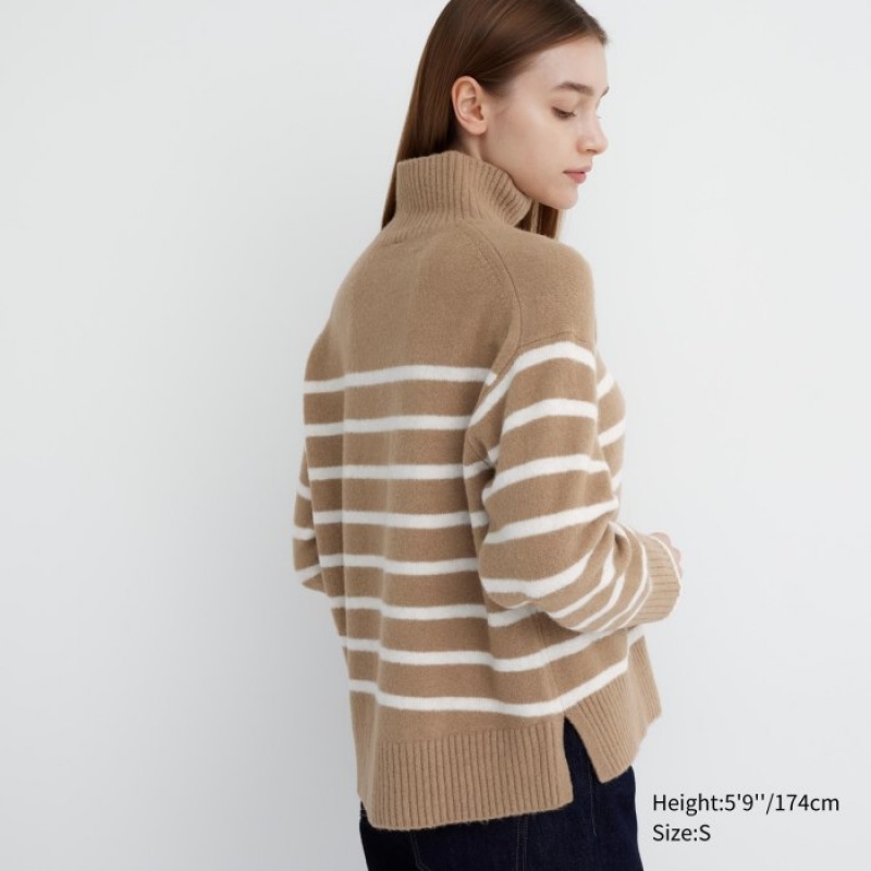 Beige Uniqlo Souffle Yarn Striped High Neck Long-Sleeve Women Sweaters | 9690405