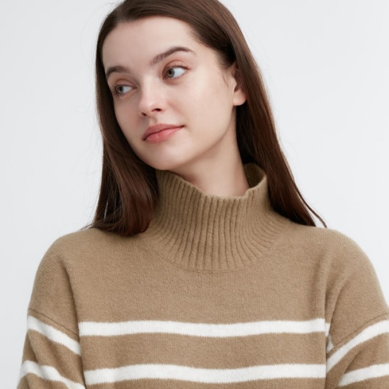 Beige Uniqlo Souffle Yarn Striped High Neck Long-Sleeve Women Sweaters | 9690405