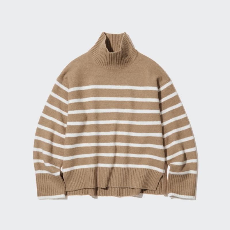 Beige Uniqlo Souffle Yarn Striped High Neck Long-Sleeve Women Sweaters | 9690405