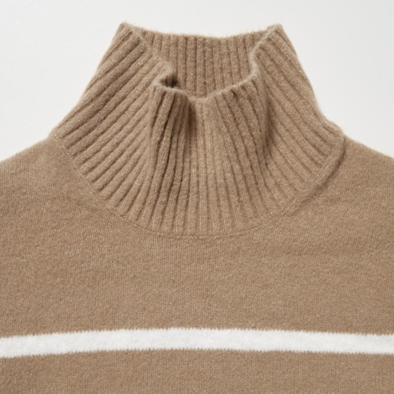 Beige Uniqlo Souffle Yarn Striped High Neck Long-Sleeve Women Sweaters | 9690405