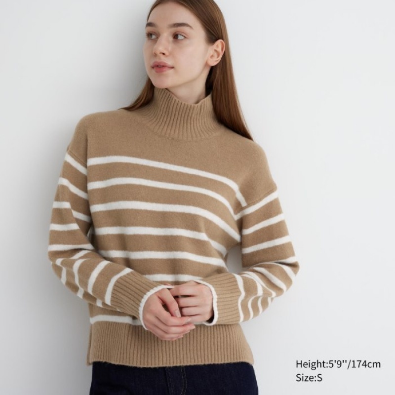 Beige Uniqlo Souffle Yarn Striped High Neck Long-Sleeve Women Sweaters | 9690405