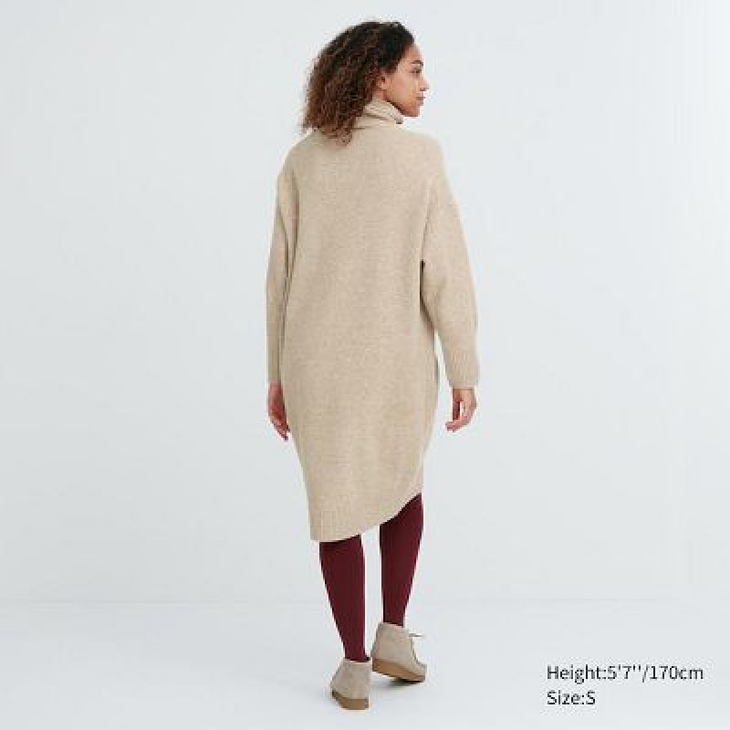 Beige Uniqlo Souffle Yarn Turtleneck Women Dress | 7025530