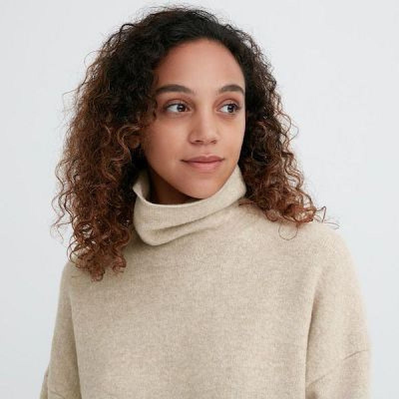 Beige Uniqlo Souffle Yarn Turtleneck Women Dress | 7025530