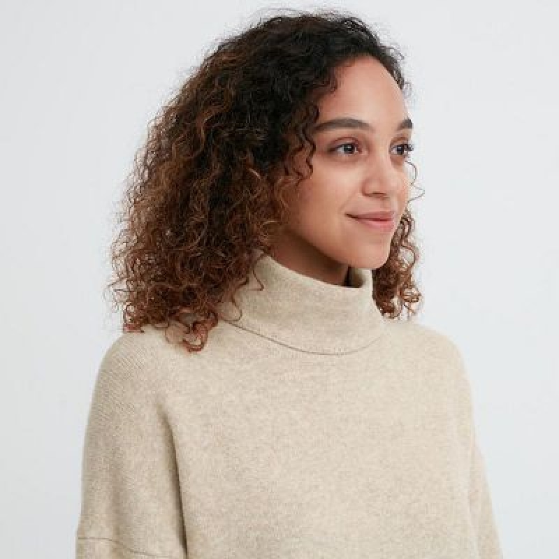 Beige Uniqlo Souffle Yarn Turtleneck Women Dress | 7025530