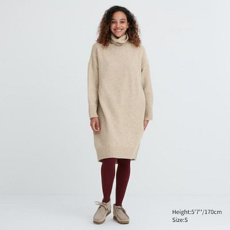 Beige Uniqlo Souffle Yarn Turtleneck Women Dress | 7025530