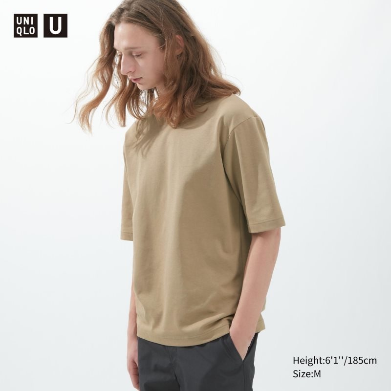 Beige Uniqlo U AIRism Cotton Oversized Crew Neck Half-Sleeve Men T Shirts | 9095834