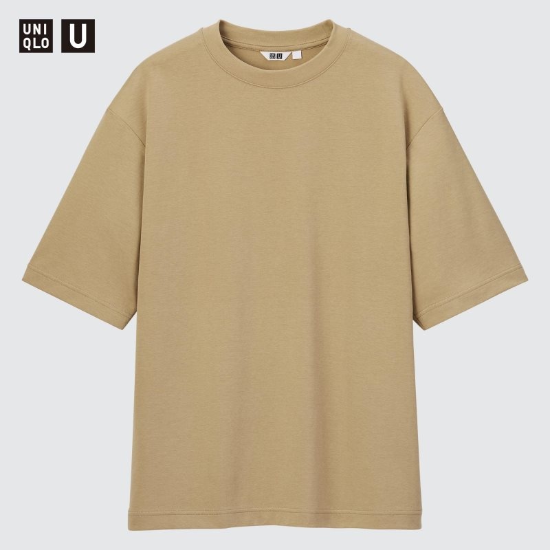 Beige Uniqlo U AIRism Cotton Oversized Crew Neck Half-Sleeve Men T Shirts | 8547159