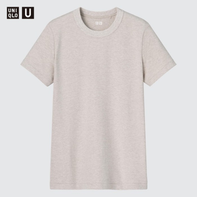 Beige Uniqlo U Crew Neck Short-sleeve Women T Shirts | 4896583