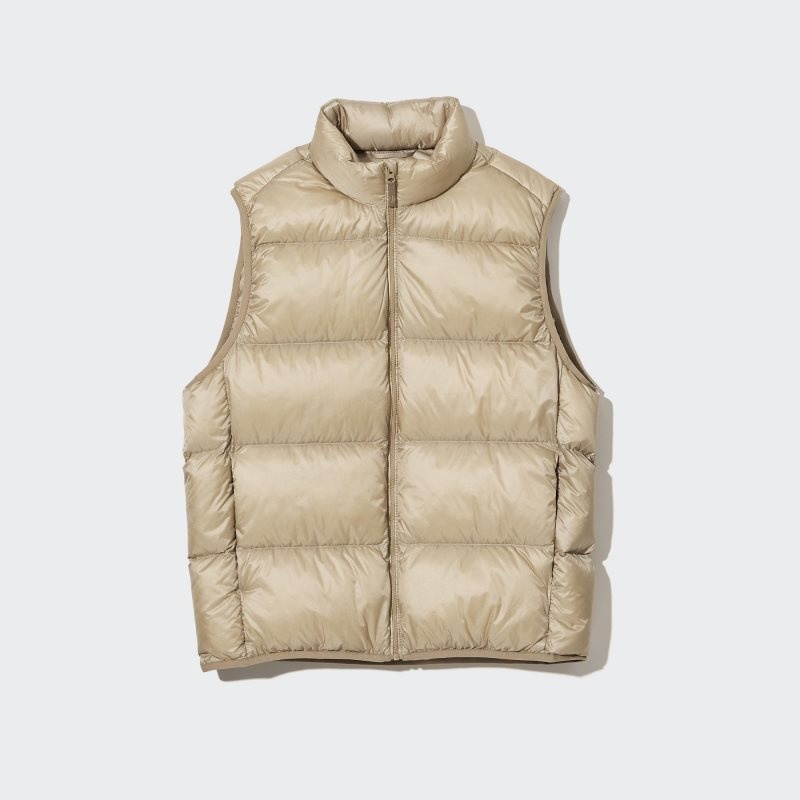 Beige Uniqlo Ultra Light Down Wide Quilt Men Vest | 4745137