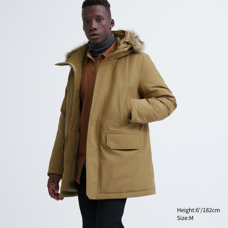 Beige Uniqlo Ultra Warm Hybrid Down Men Coats | 7234638