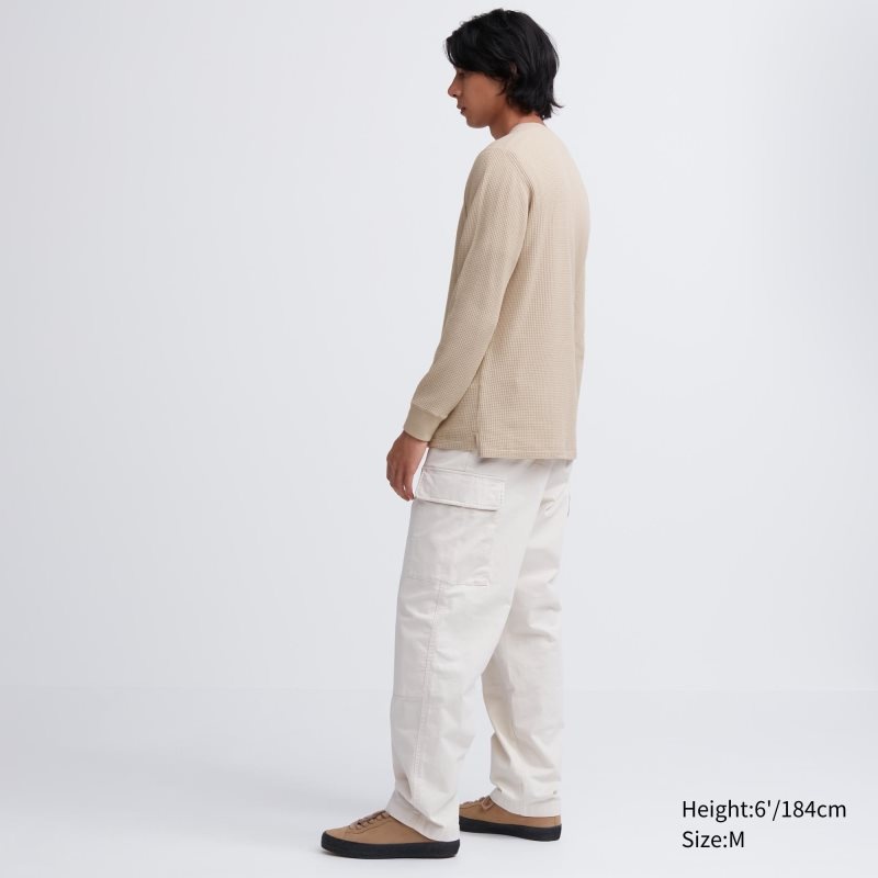 Beige Uniqlo Waffle Crew Neck Long-Sleeve Men T Shirts | 8821289