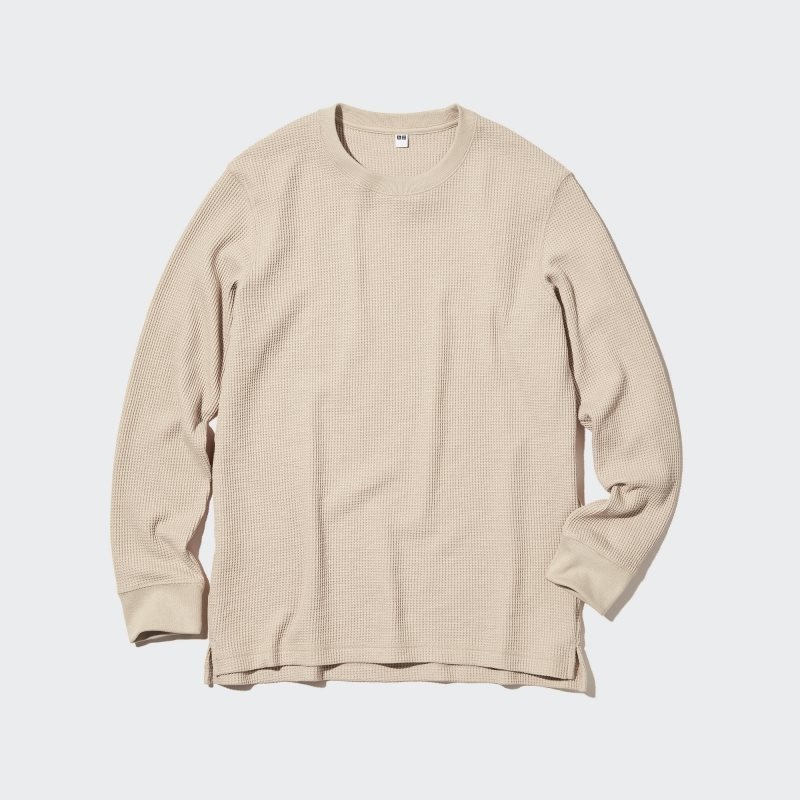 Beige Uniqlo Waffle Crew Neck Long-Sleeve Men T Shirts | 9085720