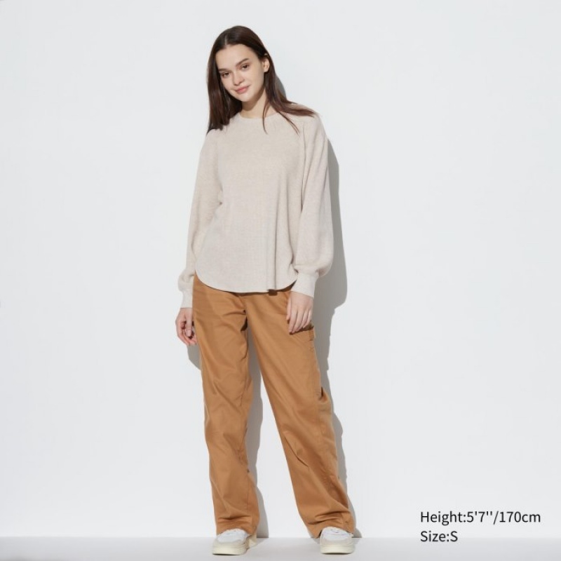Beige Uniqlo Waffle Crew Neck Long-Sleeve Women T Shirts | 4276750