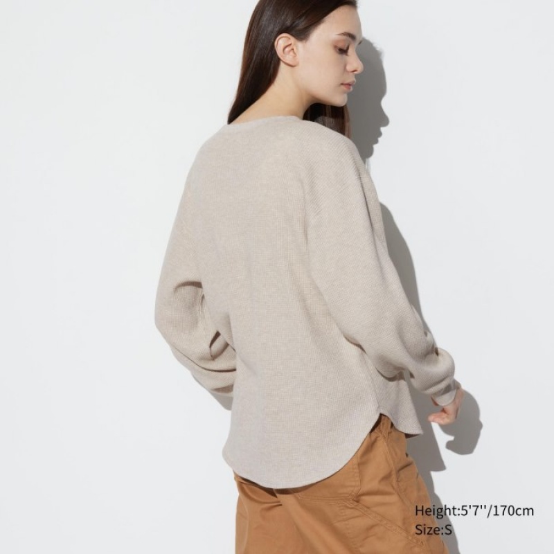 Beige Uniqlo Waffle Crew Neck Long-Sleeve Women T Shirts | 4276750