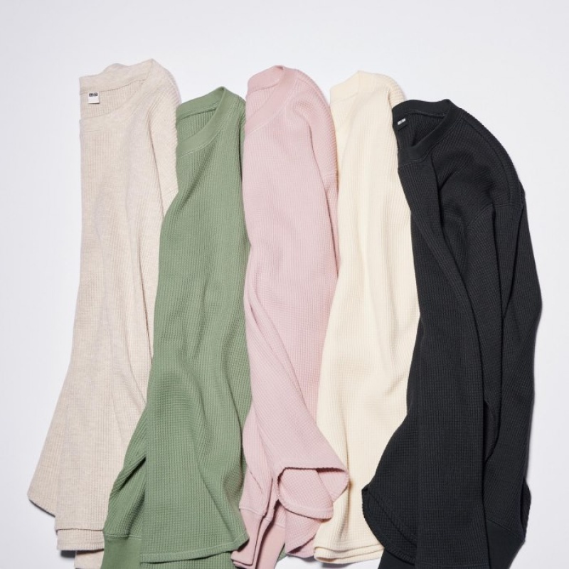 Beige Uniqlo Waffle Crew Neck Long-Sleeve Women T Shirts | 4276750