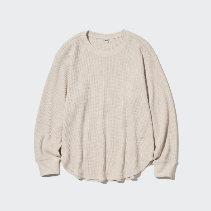 Beige Uniqlo Waffle Crew Neck Long-Sleeve Women T Shirts | 4276750