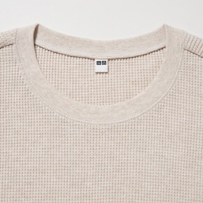 Beige Uniqlo Waffle Crew Neck Long-Sleeve Women T Shirts | 4276750