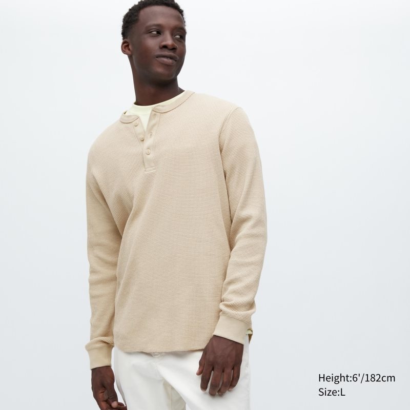 Beige Uniqlo Waffle Long-sleeve Henley Men T Shirts | 1052676