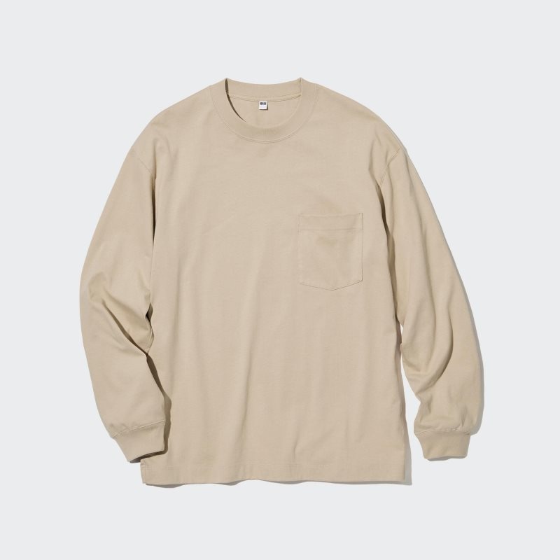 Beige Uniqlo Washed Cotton Crew Neck Long-sleeve Men T Shirts | 2779842