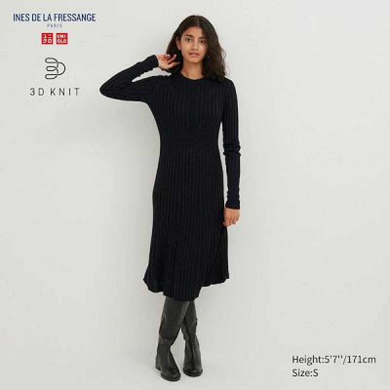 Black Uniqlo 3D Knit Ribbed Crew Neck Long-Sleeve Women Dress | 4555555