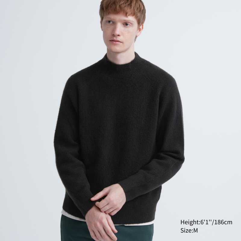 Black Uniqlo 3d Knit Souffle Yarn Mock Neck Men Sweaters | 5694718