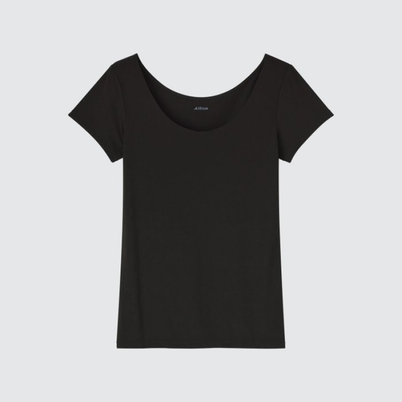 Black Uniqlo AIRism Scoop Neck Short-Sleeve Women T Shirts | 257596