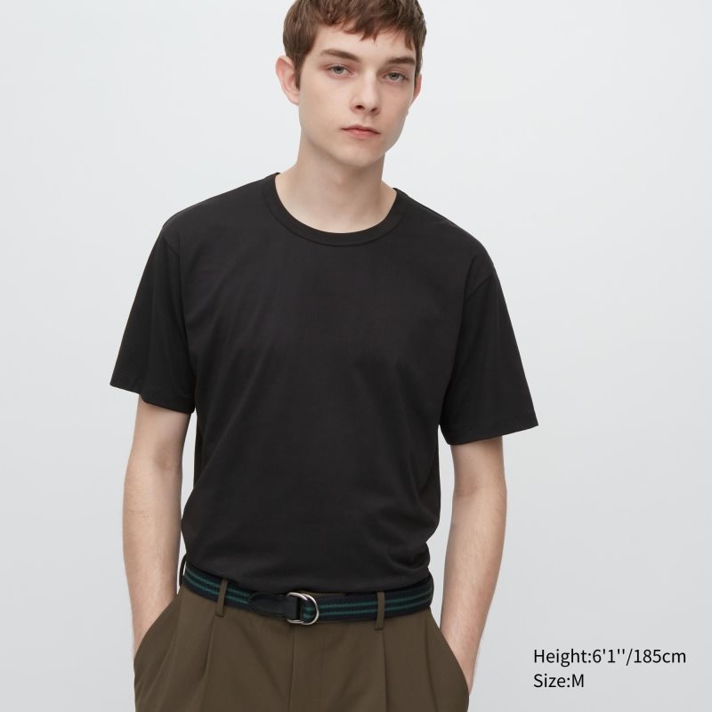 Black Uniqlo Airism Cotton Crew Neck Men T Shirts | 6379857