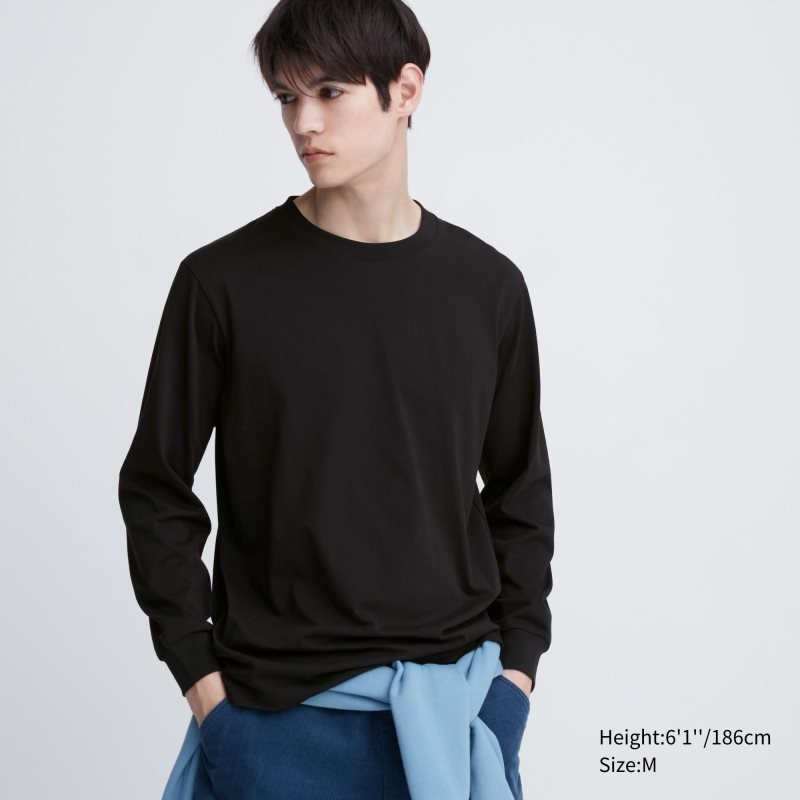 Black Uniqlo Airism Cotton Uv Protection Crew Neck Long-sleeve Men T Shirts | 5066243