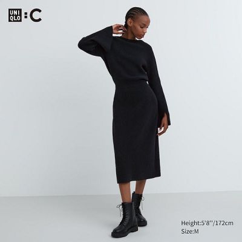 Black Uniqlo Boat Neck Long-Sleeve Knit Women Dress | 3476009