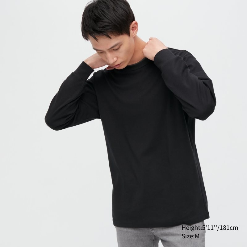 Black Uniqlo Brushed Cotton Crew Neck Long-sleeve Men T Shirts | 9840202