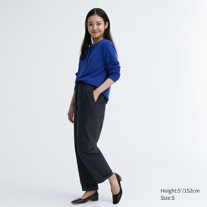 Black Uniqlo Cotton Relaxed Ankle Women Pants | 1568663