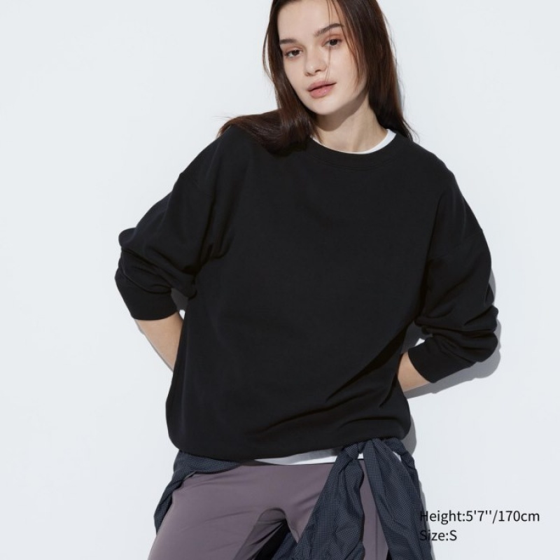 Black Uniqlo Crew Neck Long-Sleeve Women Sweatshirts | 5907358