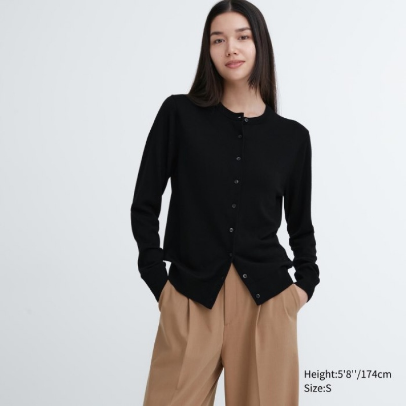 Black Uniqlo Extra Fine Merino Crew Neck Women Cardigan | 3018832