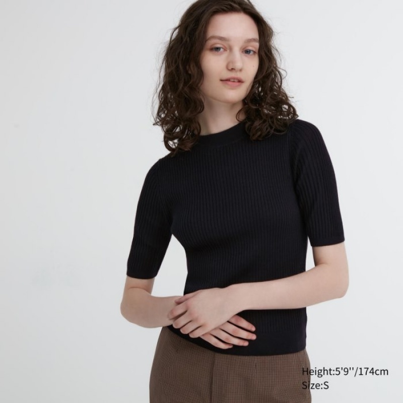 Black Uniqlo Extra Fine Merino Ribbed Mock Neck Half-Sleeve Women Sweaters | 9103865