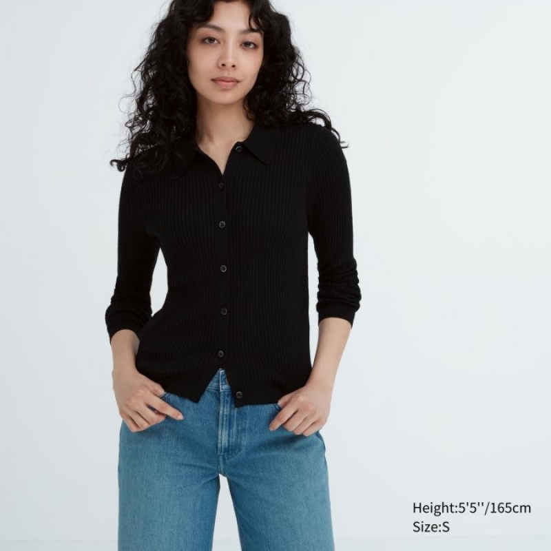 Black Uniqlo Extra Fine Merino Ribbed Polo Women Cardigan | 7457071