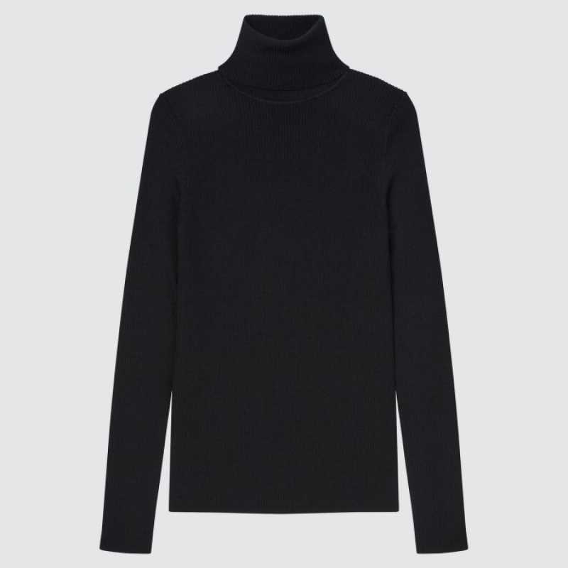 Black Uniqlo Extra Fine Merino Ribbed Turtleneck Long-Sleeve Women Sweaters | 6548833