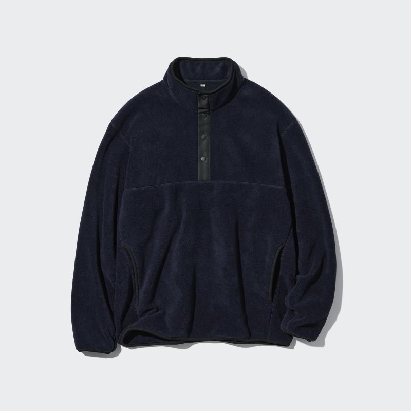 Black Uniqlo Fleece Button Up Long Sleeve Pullover Men Hoodie | 9539712