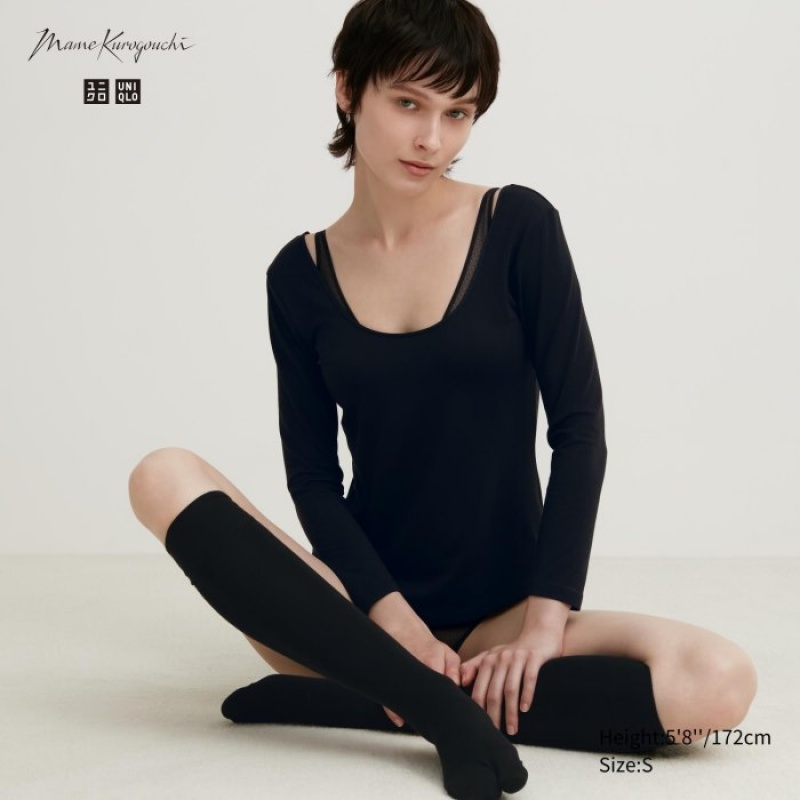 Black Uniqlo HEATTECH Ballet Neck Long-Sleeve Silk Blend Women T Shirts | 1902859
