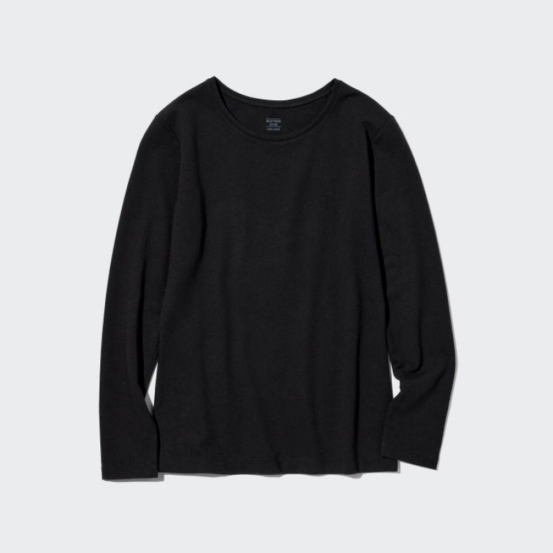 Black Uniqlo HEATTECH Cotton Crew Neck Long-Sleeve Women T Shirts | 7820817