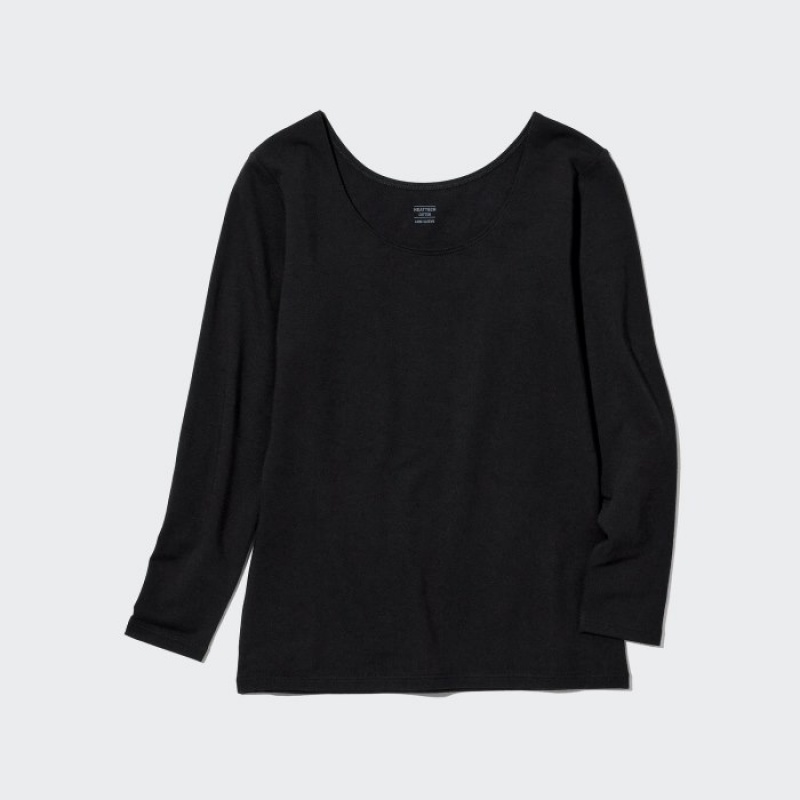 Black Uniqlo HEATTECH Cotton Scoop Neck Long-Sleeve Women T Shirts | 7290181