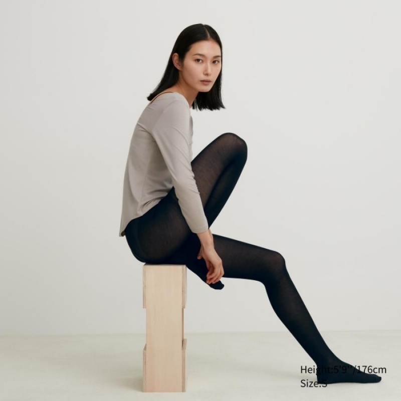 Black Uniqlo HEATTECH Knitted Sheer Women Tight | 6250886