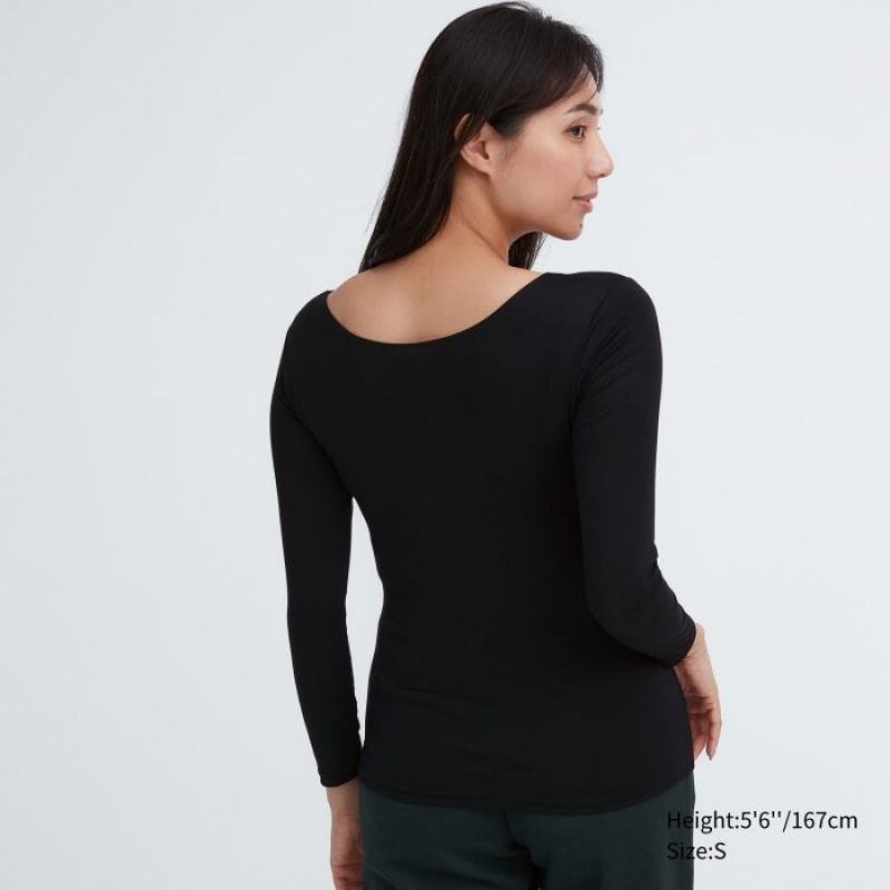 Black Uniqlo HEATTECH Scoop Neck Long-Sleeve Women T Shirts | 4811009