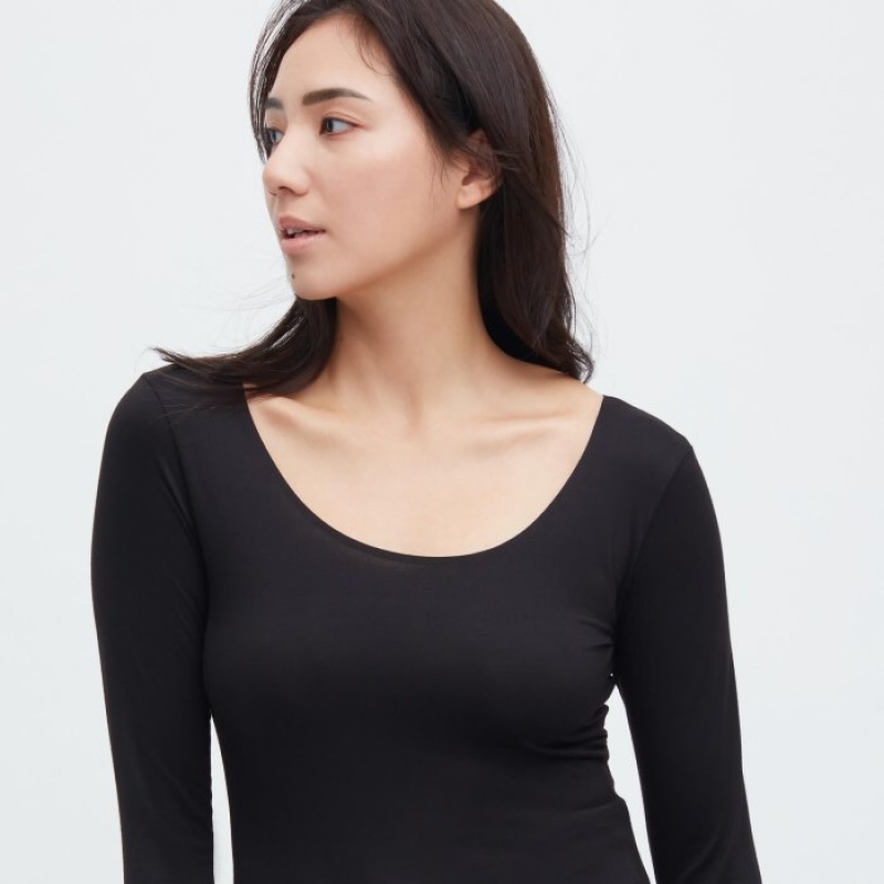 Black Uniqlo HEATTECH Scoop Neck Long-Sleeve Women T Shirts | 4811009