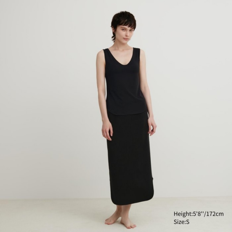 Black Uniqlo HEATTECH Sleeveless Silk Blend Women Tank Top | 8793382