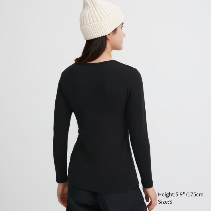 Black Uniqlo HEATTECH Ultra Warm Crew Neck Long-Sleeve Women T Shirts | 1014951