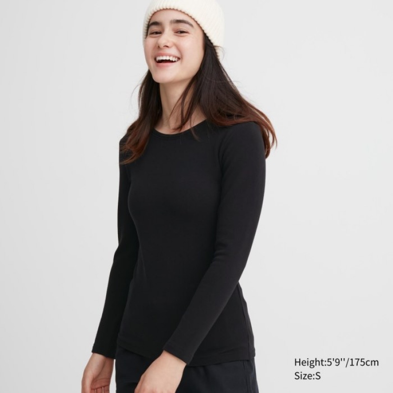 Black Uniqlo HEATTECH Ultra Warm Crew Neck Long-Sleeve Women T Shirts | 1014951