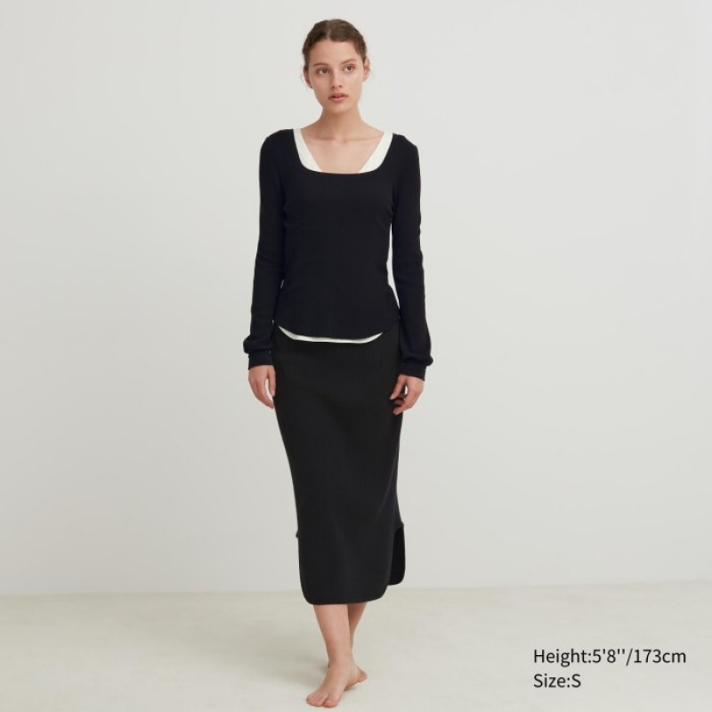 Black Uniqlo HEATTECH Waffle Square Neck Long-Sleeve Women T Shirts | 8953255
